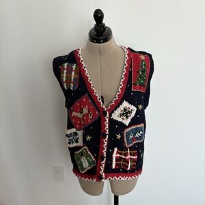 Vintage Erika Womens Sweater Vest Large Navy Blue Red White Christmas Hand Knit